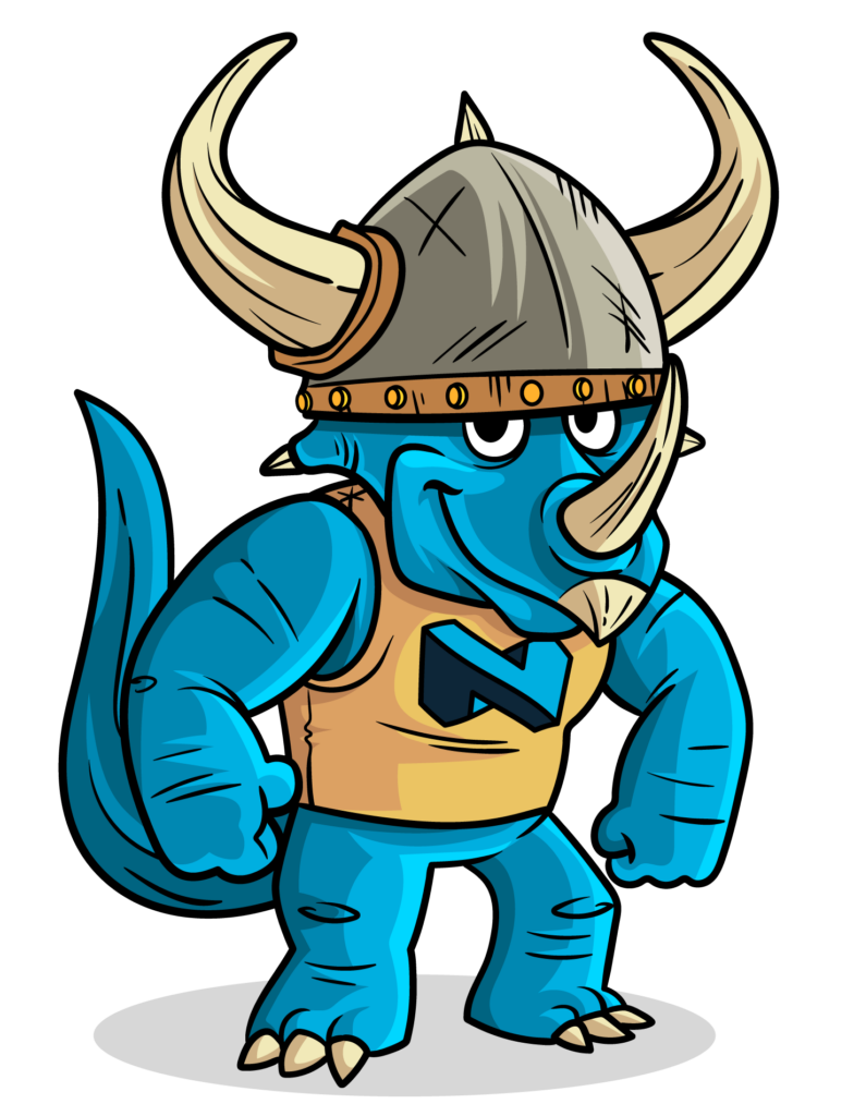 The trinorsk Mascot (a blue triceratops wearing a viking helmet with three horns..